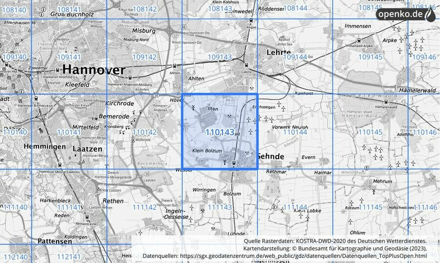 Übersichtskarte des KOSTRA-DWD-2020-Rasterfeldes Nr. 110143