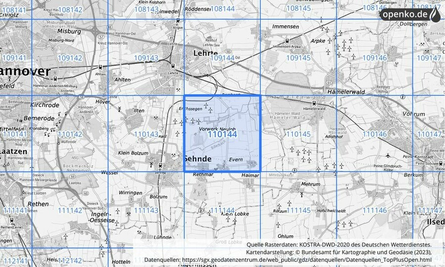 Übersichtskarte des KOSTRA-DWD-2020-Rasterfeldes Nr. 110144