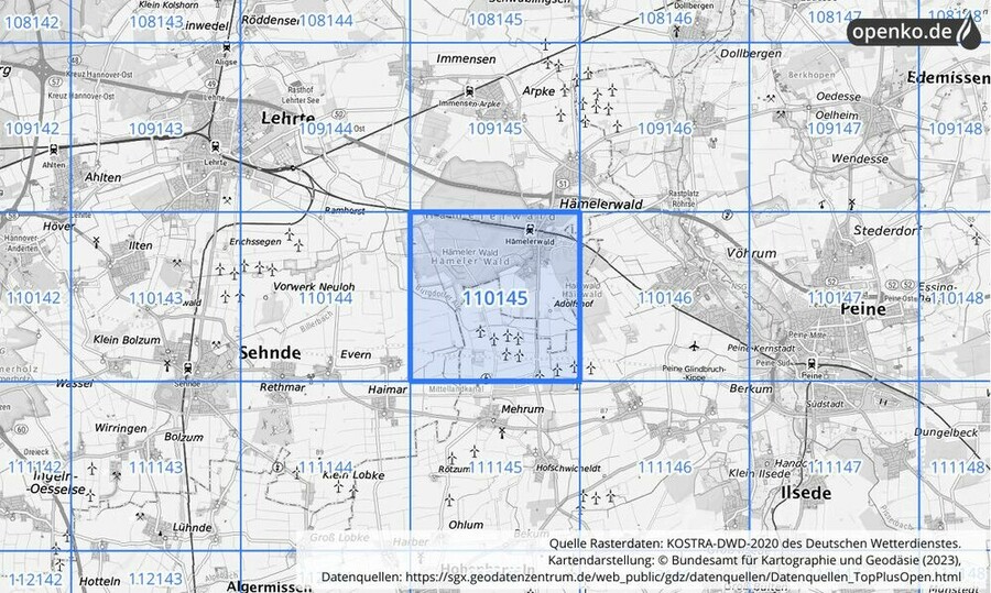 Übersichtskarte des KOSTRA-DWD-2020-Rasterfeldes Nr. 110145