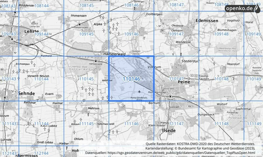 Übersichtskarte des KOSTRA-DWD-2020-Rasterfeldes Nr. 110146