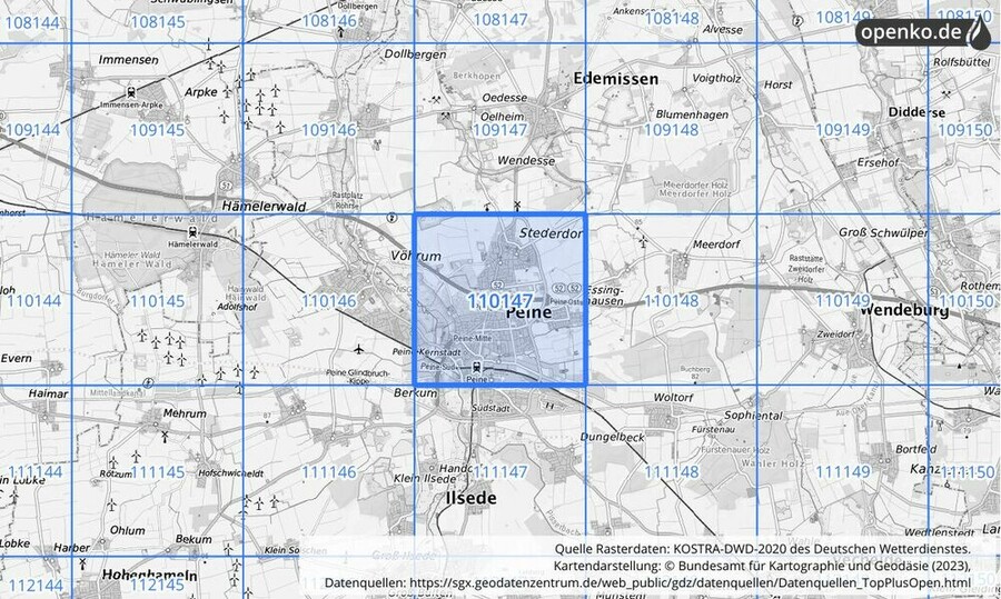 Übersichtskarte des KOSTRA-DWD-2020-Rasterfeldes Nr. 110147