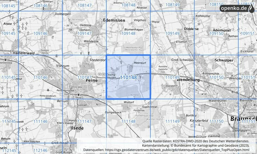 Übersichtskarte des KOSTRA-DWD-2020-Rasterfeldes Nr. 110148