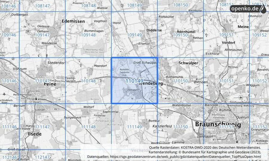 Übersichtskarte des KOSTRA-DWD-2020-Rasterfeldes Nr. 110149