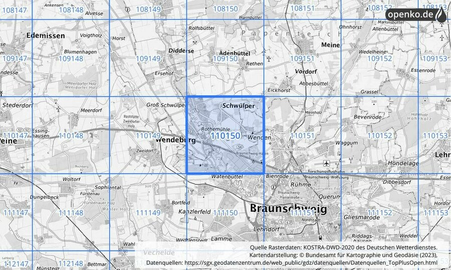 Übersichtskarte des KOSTRA-DWD-2020-Rasterfeldes Nr. 110150