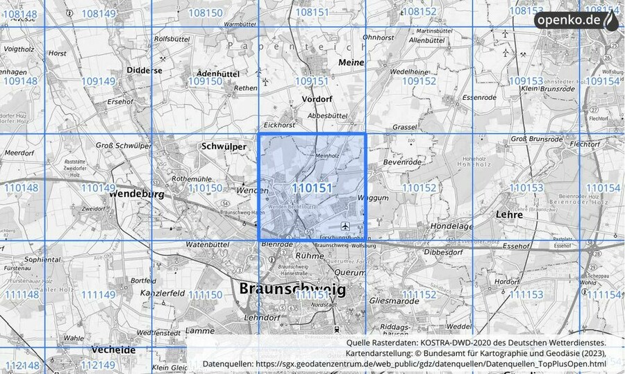 Übersichtskarte des KOSTRA-DWD-2020-Rasterfeldes Nr. 110151