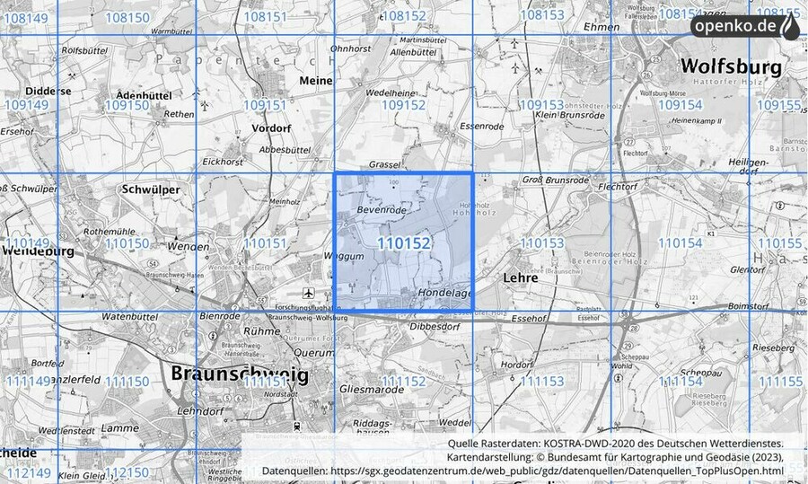 Übersichtskarte des KOSTRA-DWD-2020-Rasterfeldes Nr. 110152