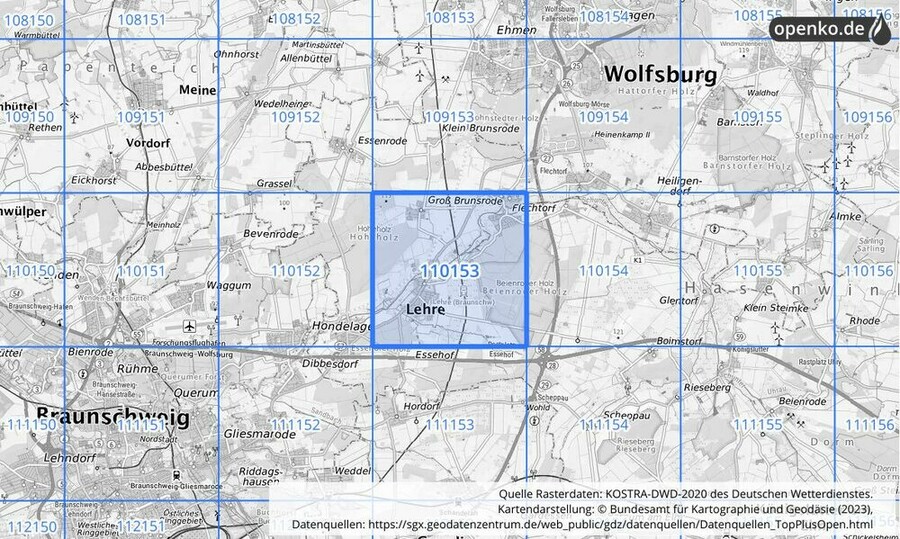 Übersichtskarte des KOSTRA-DWD-2020-Rasterfeldes Nr. 110153