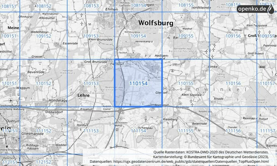 Übersichtskarte des KOSTRA-DWD-2020-Rasterfeldes Nr. 110154