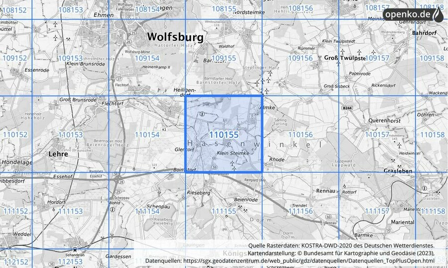 Übersichtskarte des KOSTRA-DWD-2020-Rasterfeldes Nr. 110155