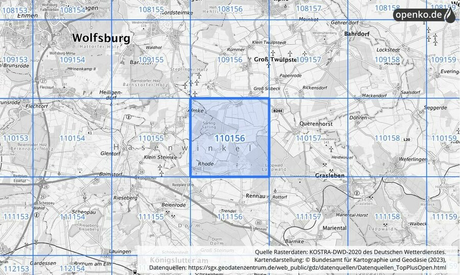 Übersichtskarte des KOSTRA-DWD-2020-Rasterfeldes Nr. 110156