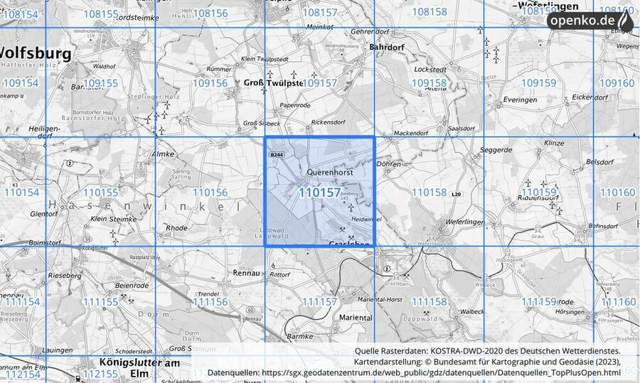 Übersichtskarte des KOSTRA-DWD-2020-Rasterfeldes Nr. 110157