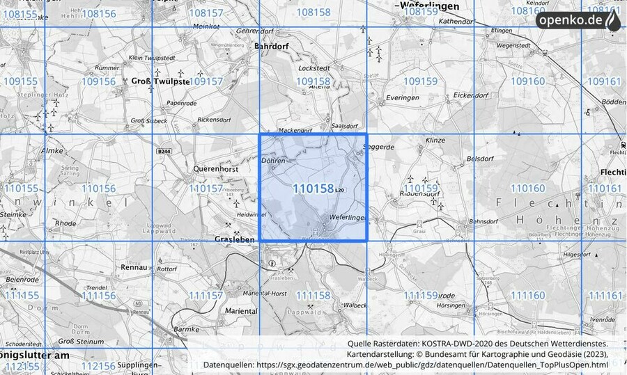 Übersichtskarte des KOSTRA-DWD-2020-Rasterfeldes Nr. 110158