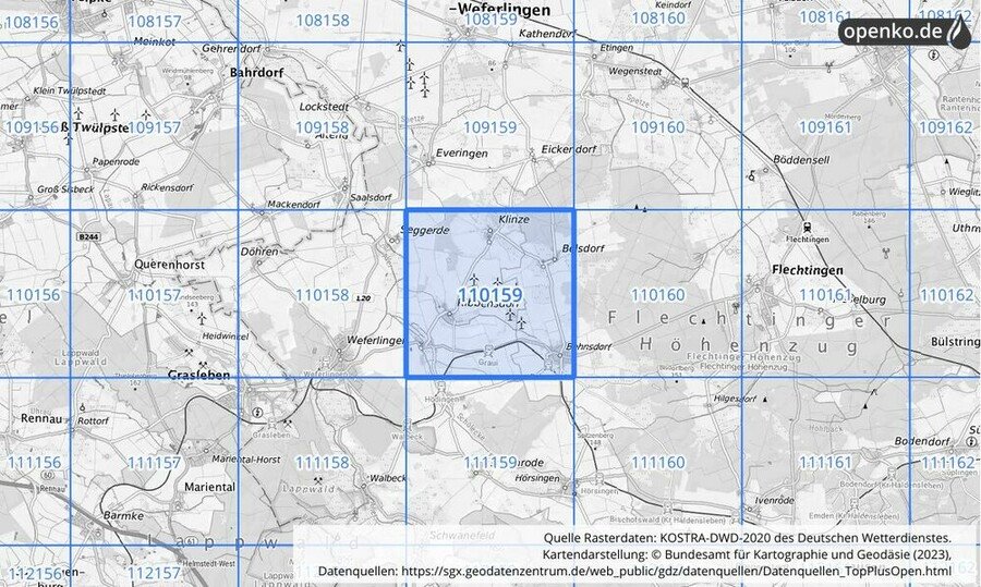 Übersichtskarte des KOSTRA-DWD-2020-Rasterfeldes Nr. 110159