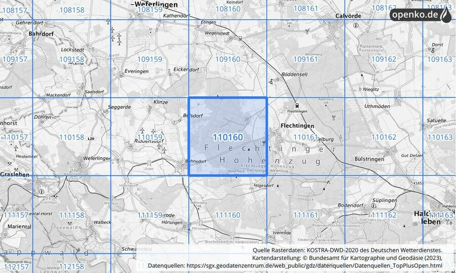 Übersichtskarte des KOSTRA-DWD-2020-Rasterfeldes Nr. 110160