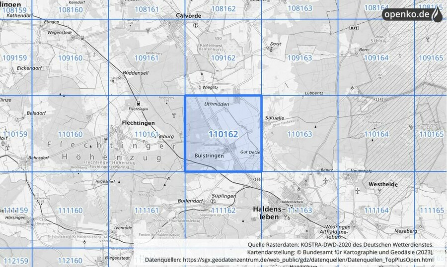 Übersichtskarte des KOSTRA-DWD-2020-Rasterfeldes Nr. 110162