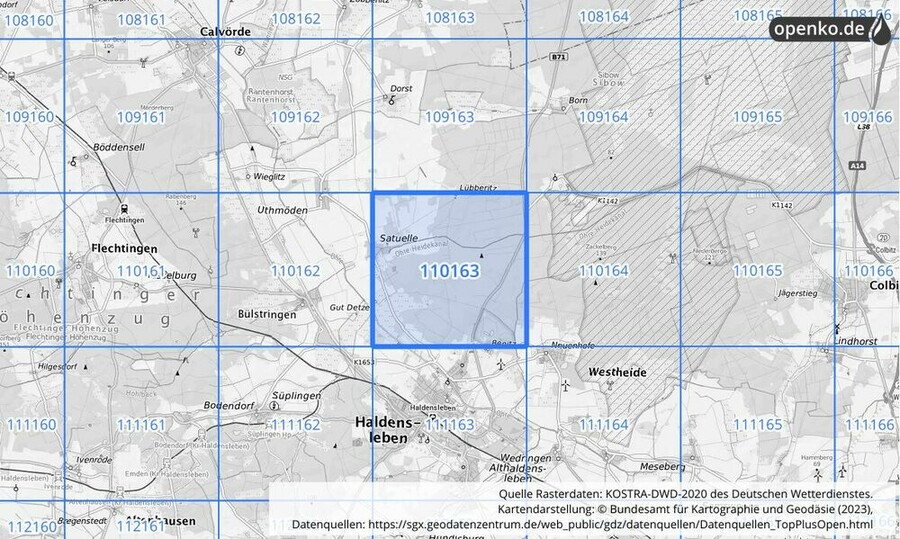 Übersichtskarte des KOSTRA-DWD-2020-Rasterfeldes Nr. 110163