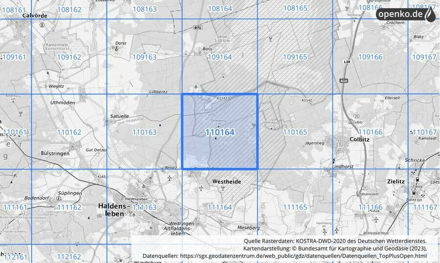 Übersichtskarte des KOSTRA-DWD-2020-Rasterfeldes Nr. 110164