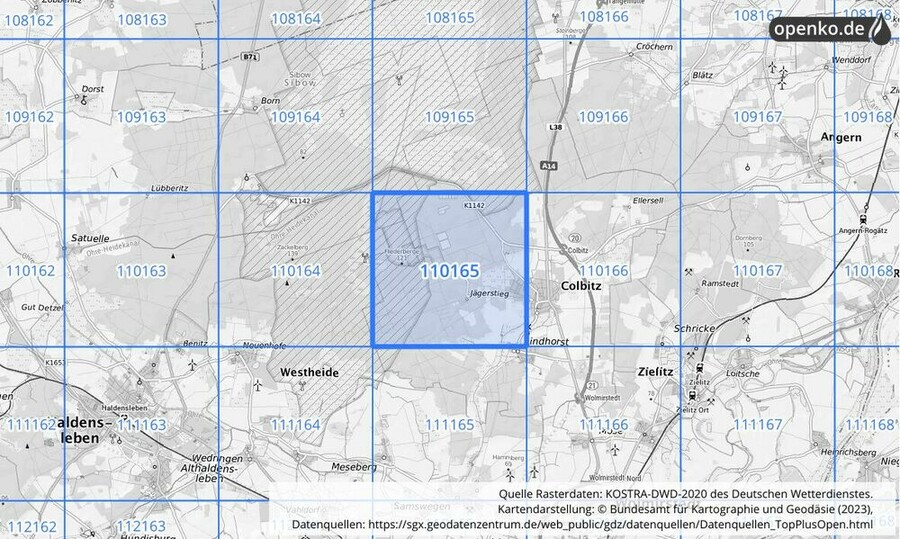 Übersichtskarte des KOSTRA-DWD-2020-Rasterfeldes Nr. 110165