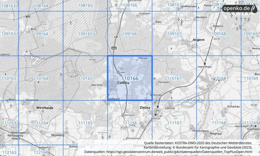 Übersichtskarte des KOSTRA-DWD-2020-Rasterfeldes Nr. 110166