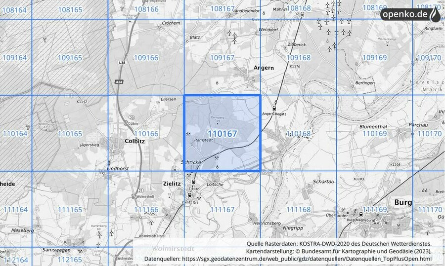 Übersichtskarte des KOSTRA-DWD-2020-Rasterfeldes Nr. 110167