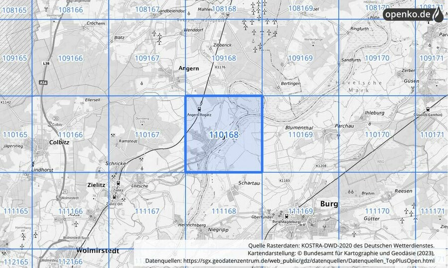 Übersichtskarte des KOSTRA-DWD-2020-Rasterfeldes Nr. 110168