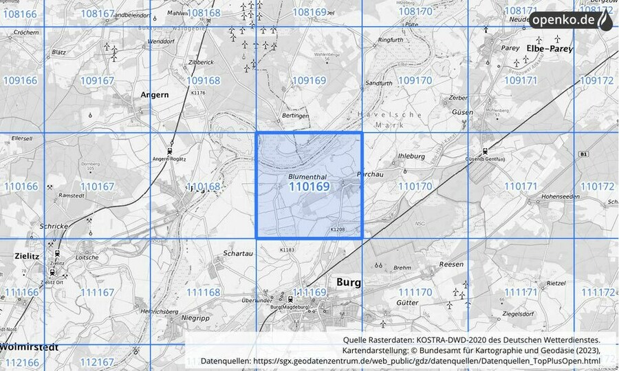 Übersichtskarte des KOSTRA-DWD-2020-Rasterfeldes Nr. 110169