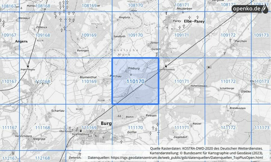 Übersichtskarte des KOSTRA-DWD-2020-Rasterfeldes Nr. 110170