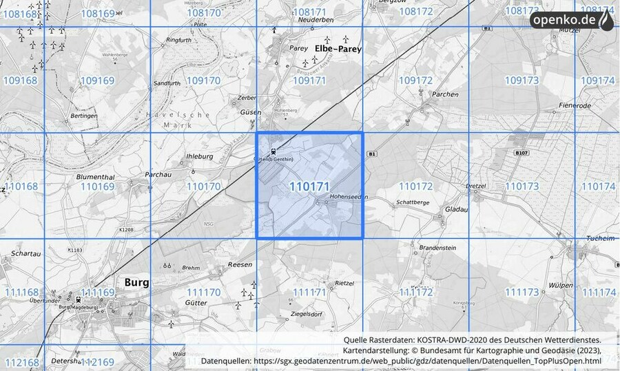 Übersichtskarte des KOSTRA-DWD-2020-Rasterfeldes Nr. 110171