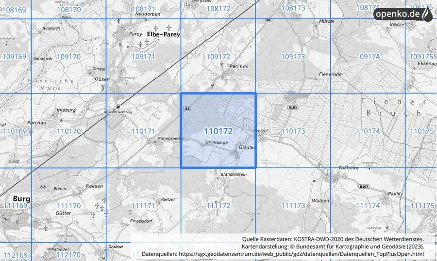 Übersichtskarte des KOSTRA-DWD-2020-Rasterfeldes Nr. 110172