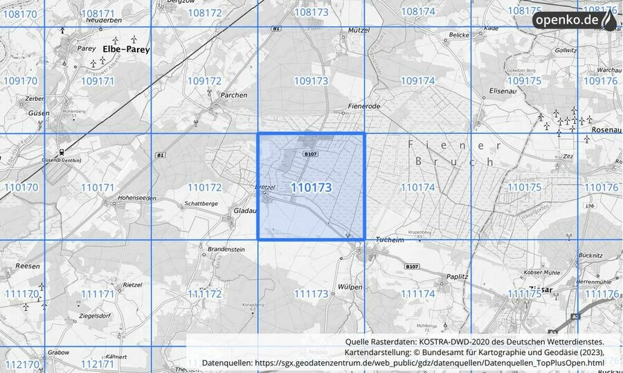 Übersichtskarte des KOSTRA-DWD-2020-Rasterfeldes Nr. 110173