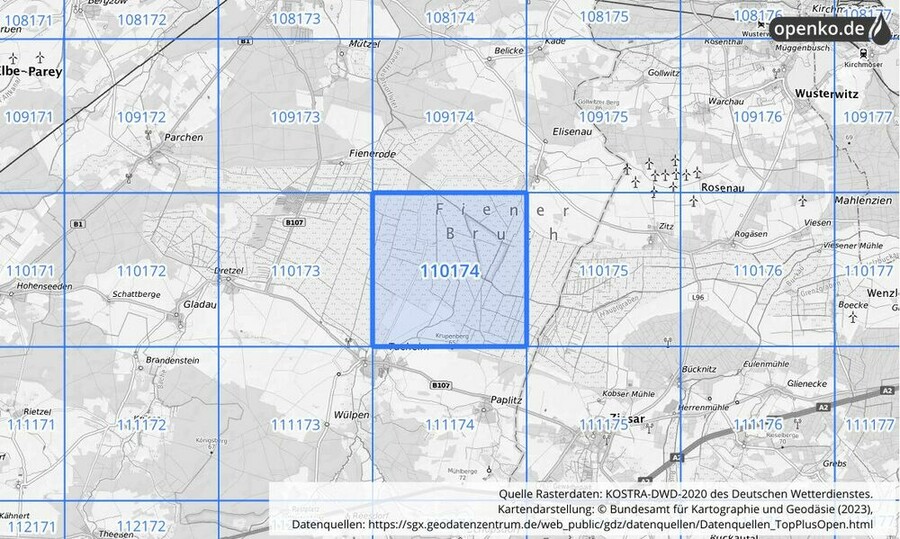 Übersichtskarte des KOSTRA-DWD-2020-Rasterfeldes Nr. 110174