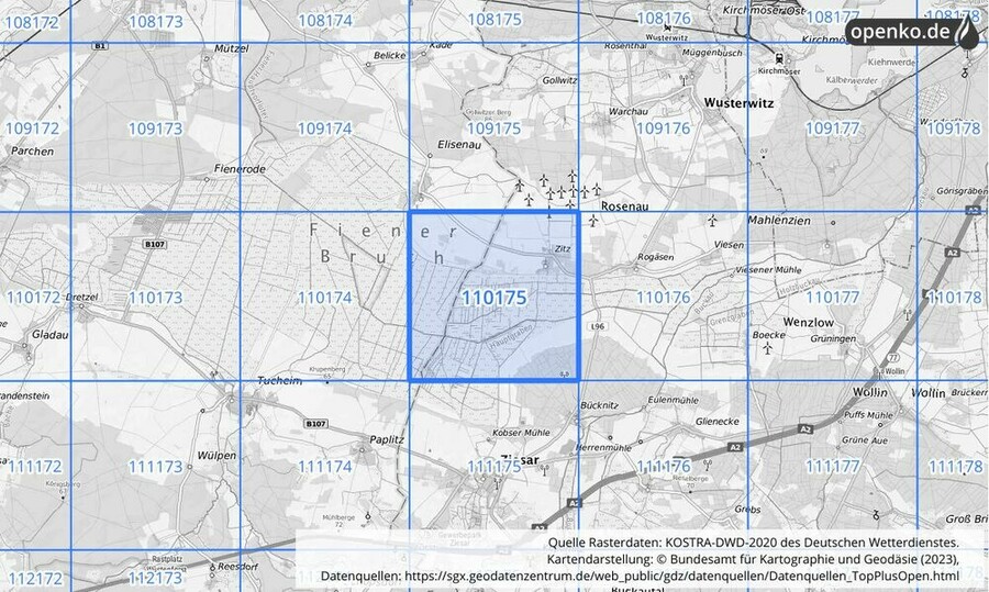 Übersichtskarte des KOSTRA-DWD-2020-Rasterfeldes Nr. 110175