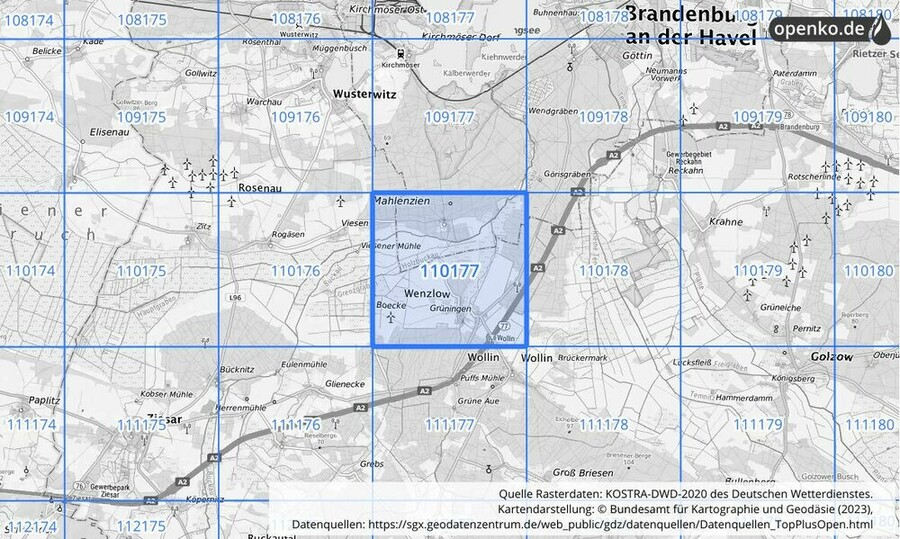 Übersichtskarte des KOSTRA-DWD-2020-Rasterfeldes Nr. 110177