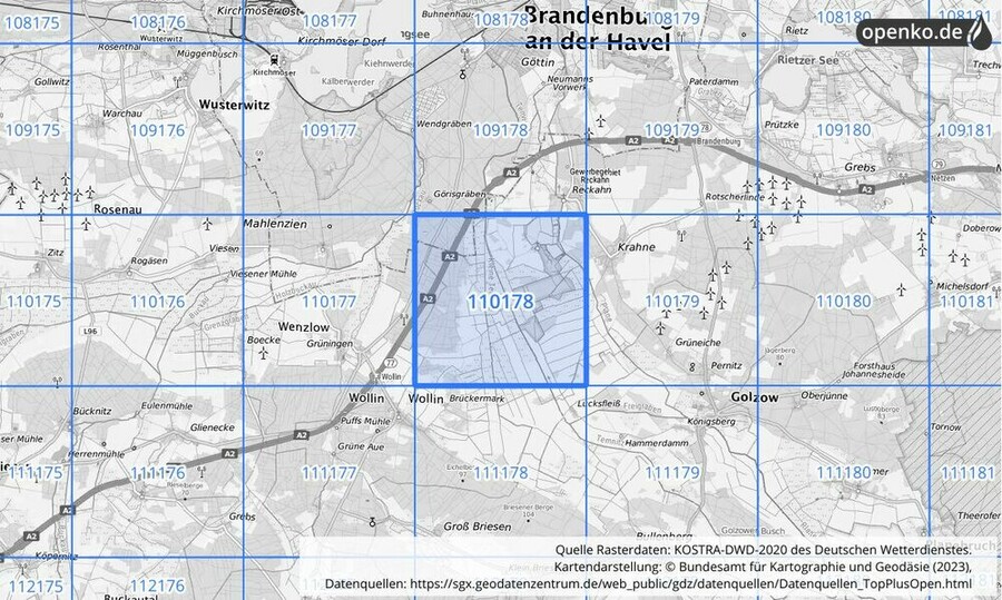 Übersichtskarte des KOSTRA-DWD-2020-Rasterfeldes Nr. 110178