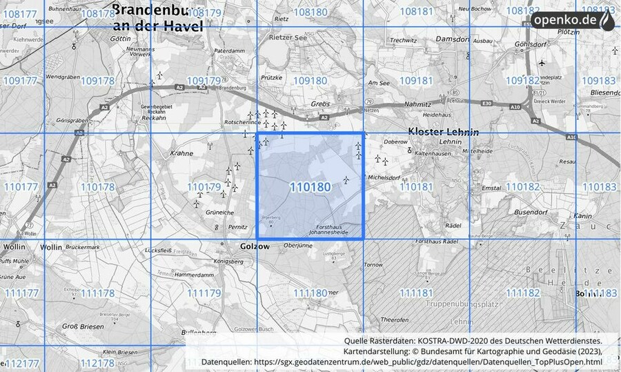 Übersichtskarte des KOSTRA-DWD-2020-Rasterfeldes Nr. 110180