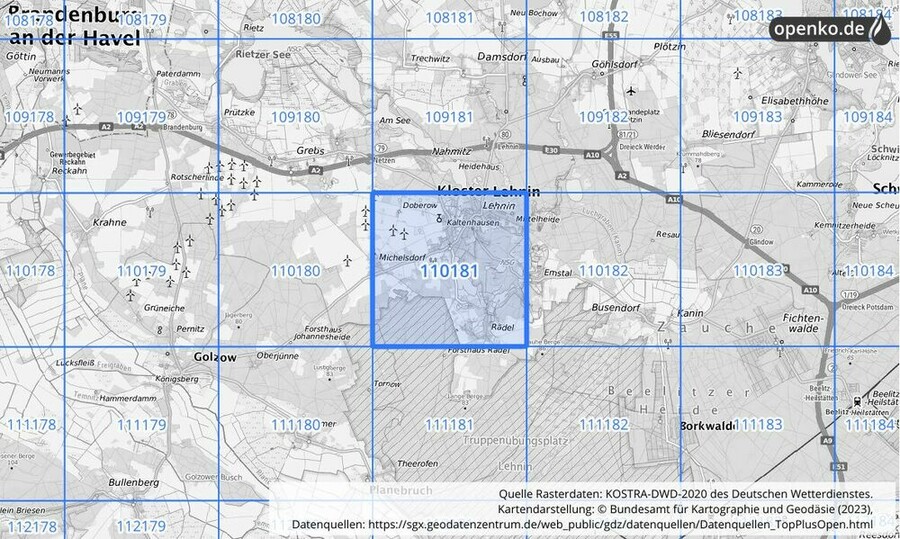 Übersichtskarte des KOSTRA-DWD-2020-Rasterfeldes Nr. 110181