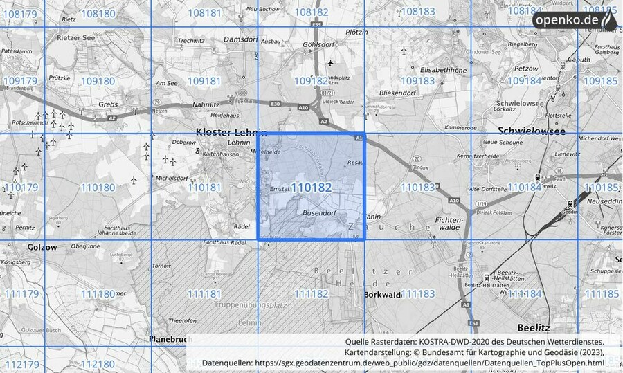 Übersichtskarte des KOSTRA-DWD-2020-Rasterfeldes Nr. 110182