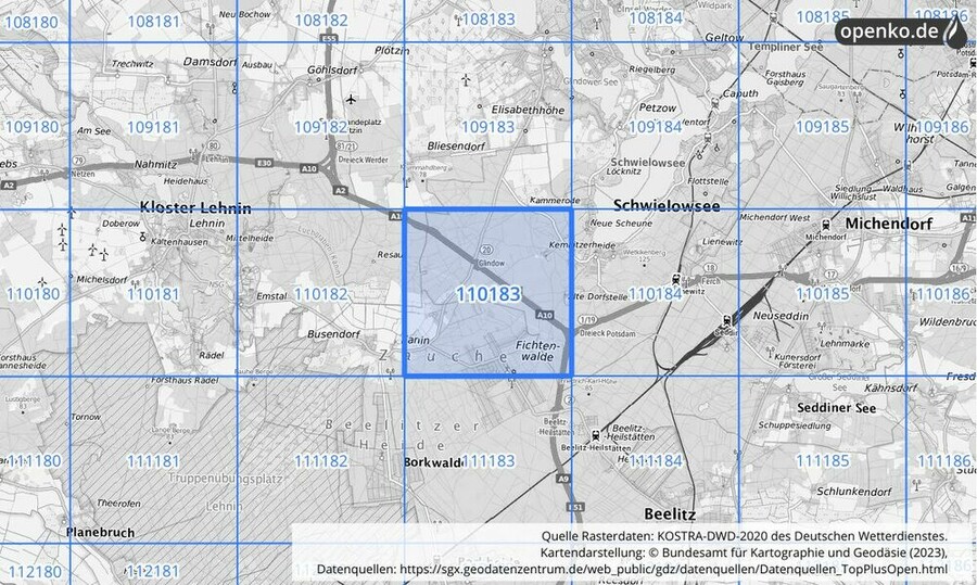 Übersichtskarte des KOSTRA-DWD-2020-Rasterfeldes Nr. 110183