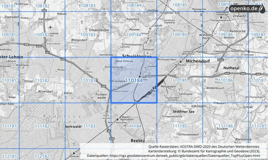 Übersichtskarte des KOSTRA-DWD-2020-Rasterfeldes Nr. 110184