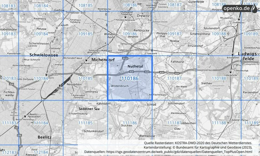 Übersichtskarte des KOSTRA-DWD-2020-Rasterfeldes Nr. 110186