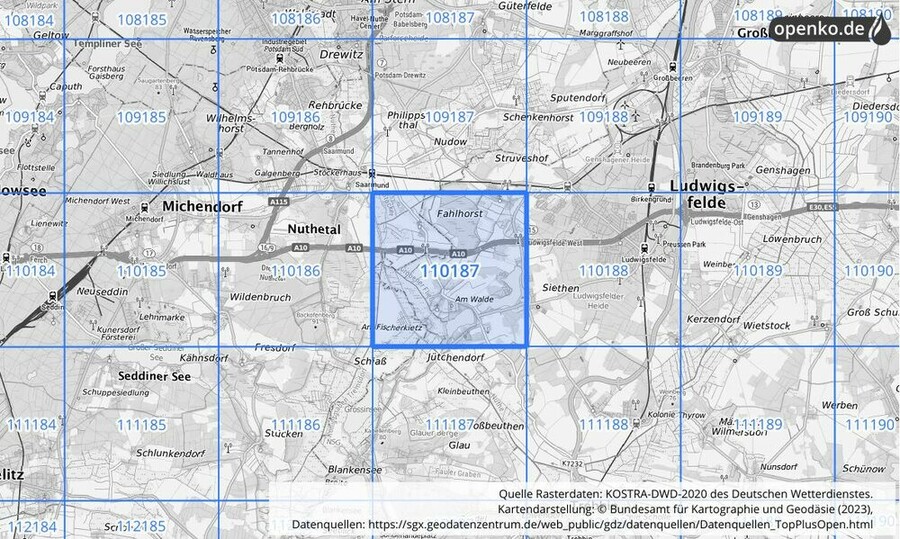 Übersichtskarte des KOSTRA-DWD-2020-Rasterfeldes Nr. 110187