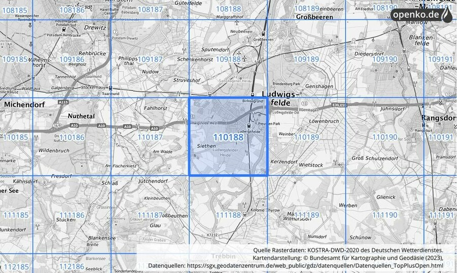 Übersichtskarte des KOSTRA-DWD-2020-Rasterfeldes Nr. 110188