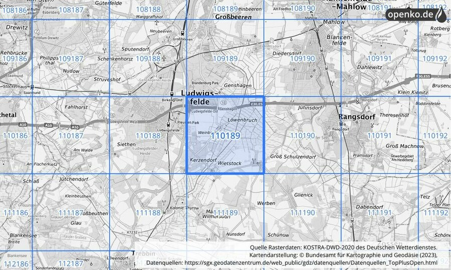 Übersichtskarte des KOSTRA-DWD-2020-Rasterfeldes Nr. 110189