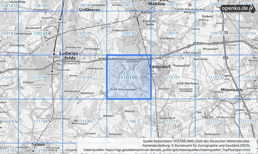 Übersichtskarte des KOSTRA-DWD-2020-Rasterfeldes Nr. 110190