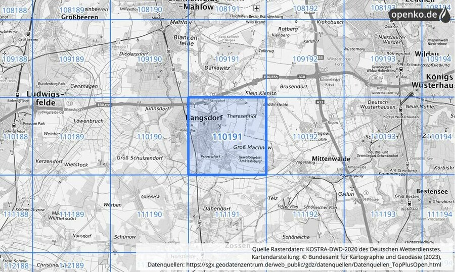 Übersichtskarte des KOSTRA-DWD-2020-Rasterfeldes Nr. 110191