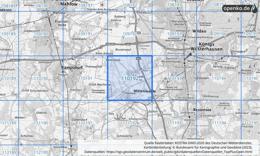 Übersichtskarte des KOSTRA-DWD-2020-Rasterfeldes Nr. 110192