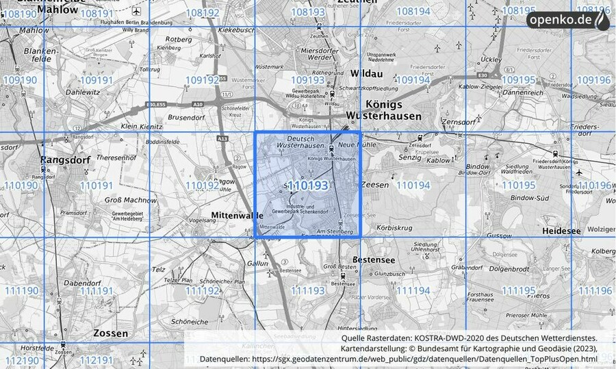 Übersichtskarte des KOSTRA-DWD-2020-Rasterfeldes Nr. 110193