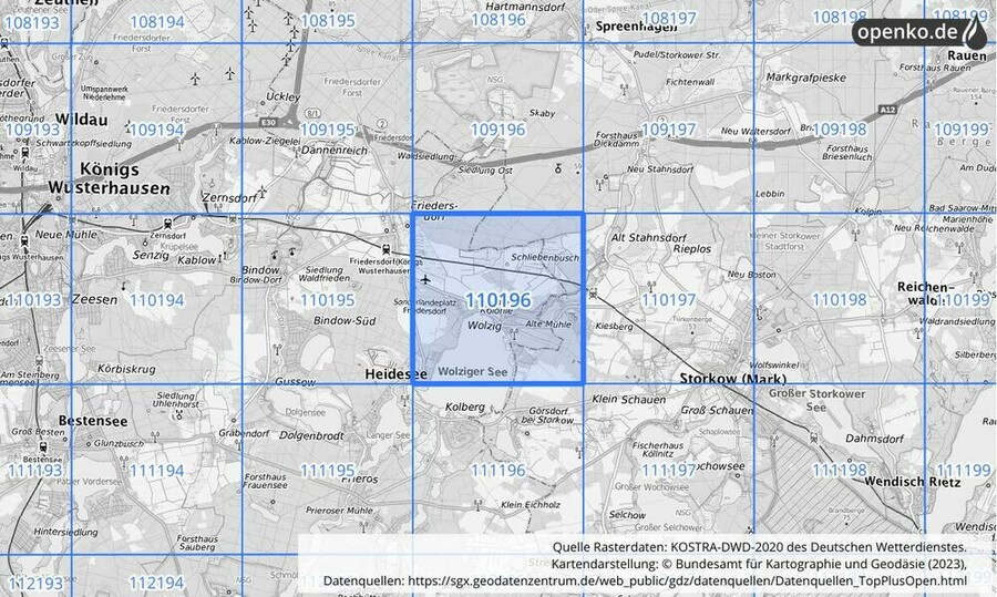 Übersichtskarte des KOSTRA-DWD-2020-Rasterfeldes Nr. 110196