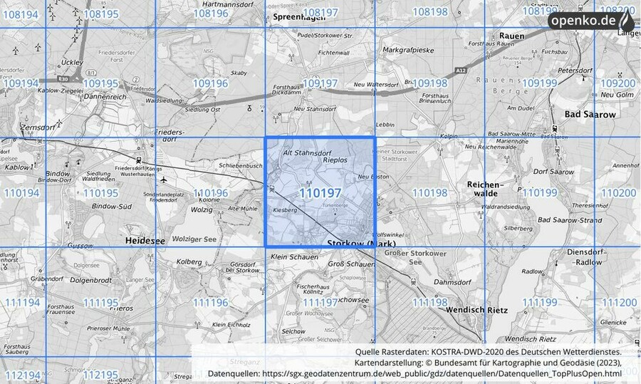 Übersichtskarte des KOSTRA-DWD-2020-Rasterfeldes Nr. 110197