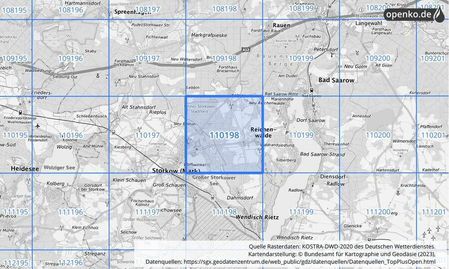 Übersichtskarte des KOSTRA-DWD-2020-Rasterfeldes Nr. 110198